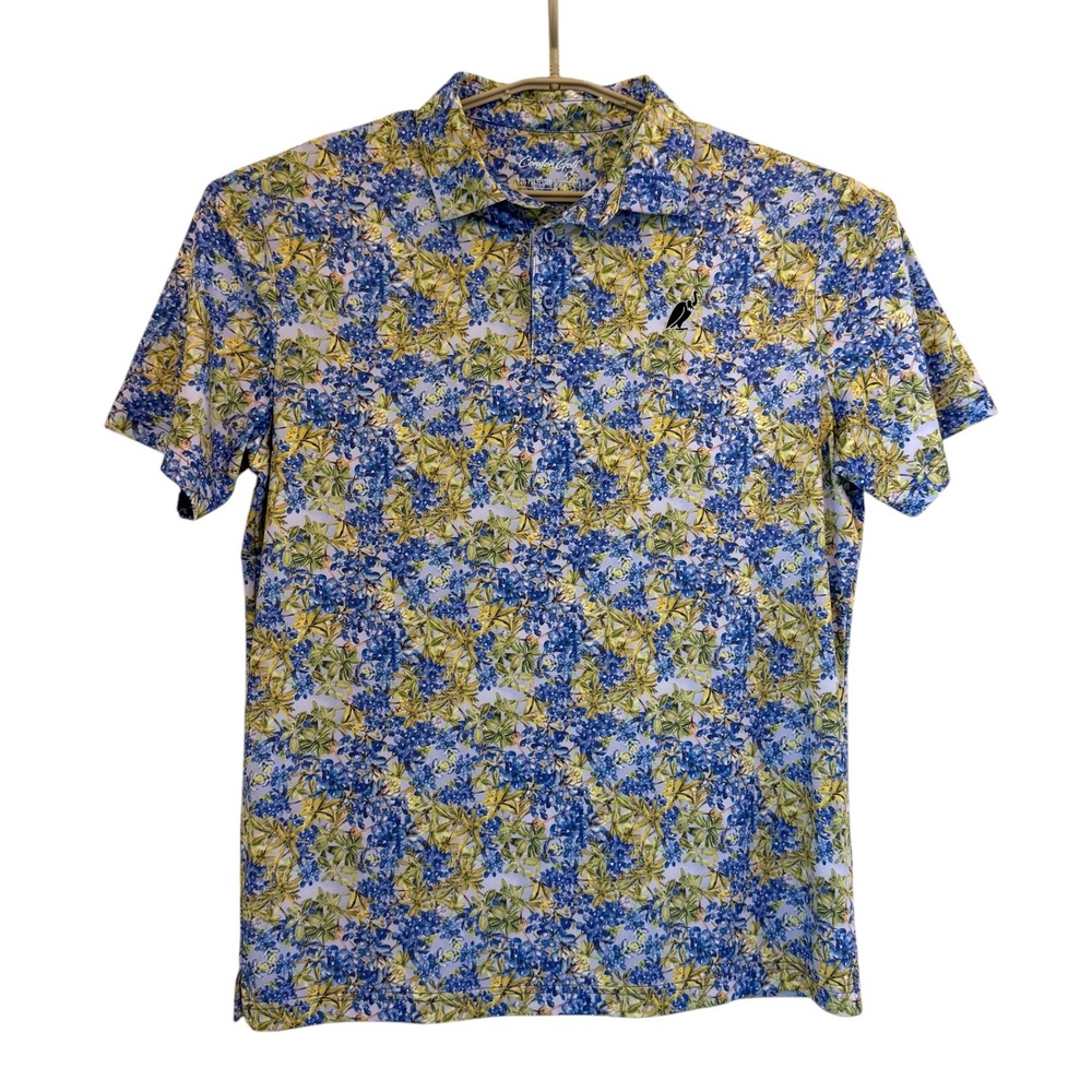 Condor Golf Men Bluebonnet Floral Performance Polo Shirt Blue Yellow Large Texas